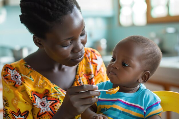 Foto madre africana alimentando a su pequeño bebé con cuchara en homexa