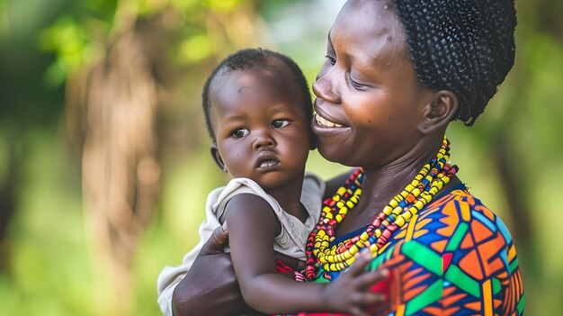 Madre africana sosteniendo a su bebé al aire libre