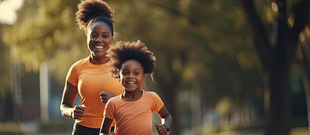 Una madre afroamericana en forma y su hija haciendo ejercicio en un parque vistiendo ropa deportiva promoviendo un concepto de familia saludable con área disponible para te