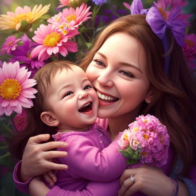 Una madre alegre y un hermoso bebé abrazan sus sonrisas que irradian amor puro y felicidad.