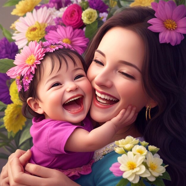 Foto una madre alegre y un hermoso bebé abrazan sus sonrisas que irradian amor puro y felicidad.