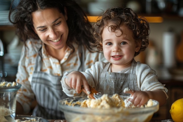 Una madre alegre y su bebé cocinan juntos en una cocina doméstica