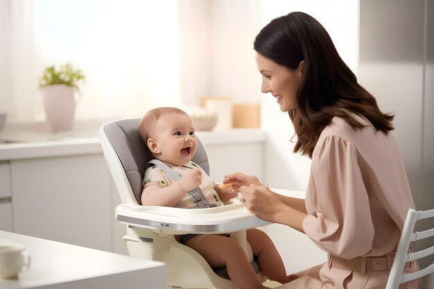 Madre alimentando al bebé en una silla alta