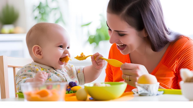 Una madre alimentando a un bebé y una cuchara de comida