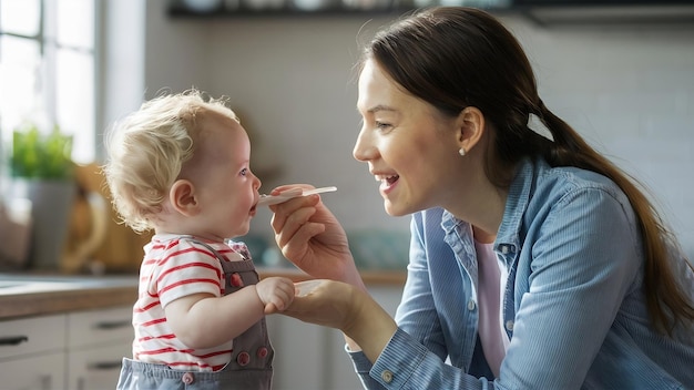 Madre alimentando a su bebé en una cocina