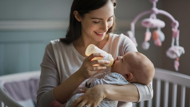 Madre alimentando a su bebé hambriento