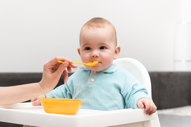 Madre alimentando a su pequeño bebé en casa