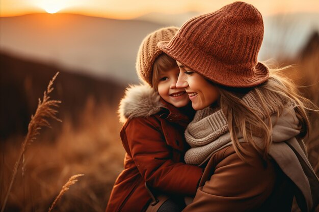 Madre amorosa abrazando a su hija en el resplandor de la puesta de sol con un amplio espacio para el día de las madres