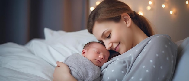 madre amorosa llevando a su bebé recién nacido en casa