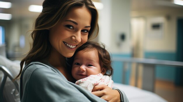 Foto madre amorosa sonriendo a su bebé recién nacido en el hospital de maternidad conceptos de parto