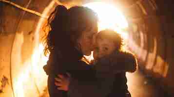 Foto madre amorosa sosteniendo a su hijo en el refugio antiaéreo ia generativa