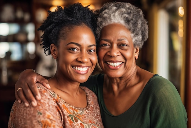 Madre anciana afroamericana e hija adulta sonriendo juntas mostrando un fuerte vínculo familiar en un entorno familiar acogedor