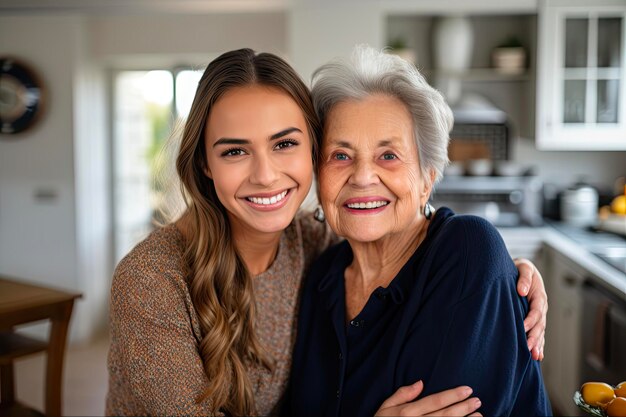 Una madre anciana feliz siendo abrazada amorosamente por su hija en un conmovedor retrato familiar