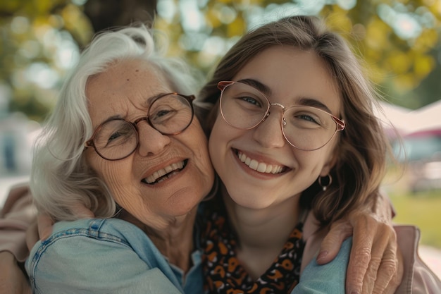 Foto madre anciana y hija adulta sonriendo y abrazándose