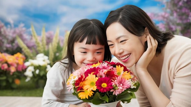 Foto madre de ángulo bajo oliendo flores de su hija