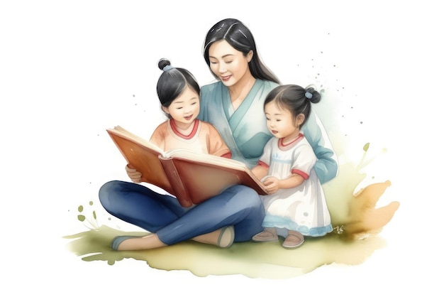 Madre asiática leyendo un libro interesante a sus hijas. Contar cuentos. Crianza de los hijos. Educación.