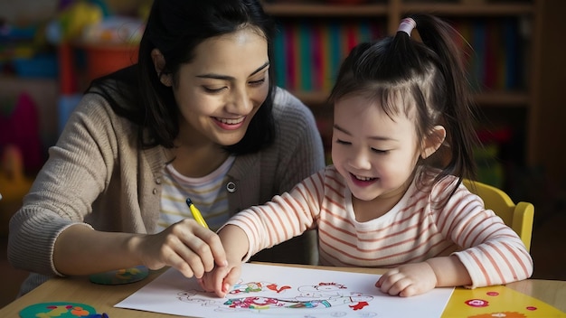 Madre ayudando a su hija a dibujar