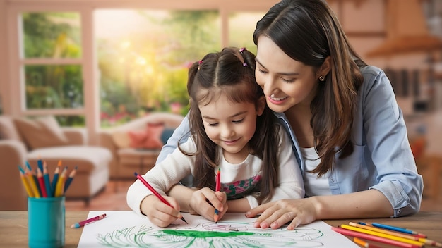 Madre ayudando a su hija a dibujar