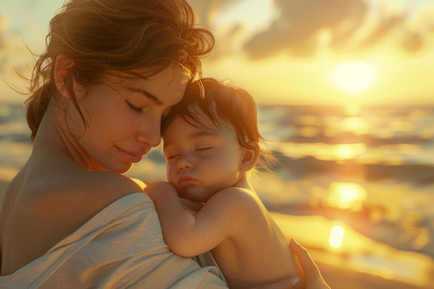 Madre y bebé acurrucados en la playa