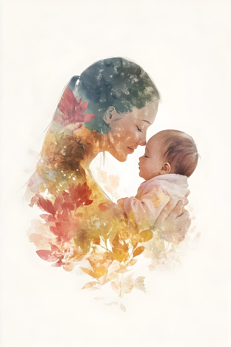 Madre y bebé comparten un momento tierno en una representación colorida y artística del amor y el vínculo