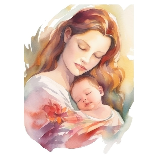 Una madre con un bebé en estilo acuarela Ilustración Generativa AI
