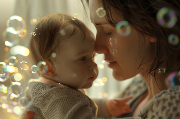 Madre y bebé jugando con burbujas