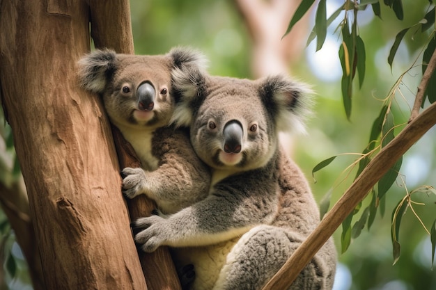 Madre y bebé koalas en un tre