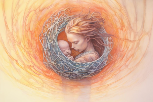 Madre y bebé en un nido Imagen conceptual de la familia IA generativa