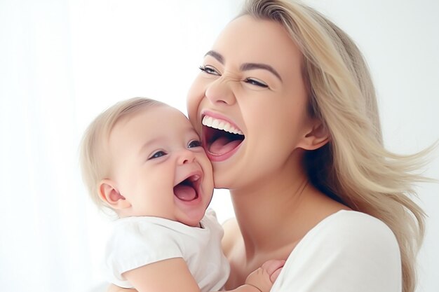 Madre y bebé riendo juntos sobre fondo blanco.