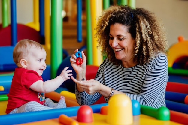 Madre de cabello rizado sonriendo al bebé jugando con llaves de juguete en el gimnasio de actividad