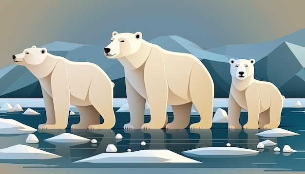 Madre y cachorros de oso polar en la ilustración del hábitat ártico natural Ai generativo