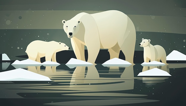 Madre y cachorros de oso polar en la ilustración del hábitat ártico natural Ai generativo