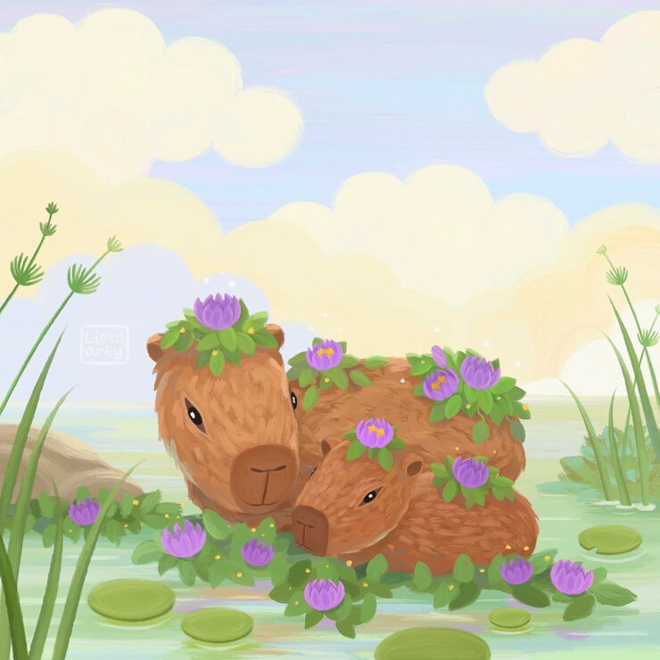 Foto la madre capibara y su bebé están descansando en el agua entre los lirios acuáticos