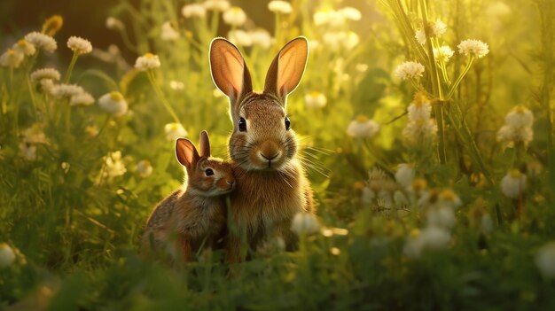 La madre conejo acunando tiernamente a su conejo