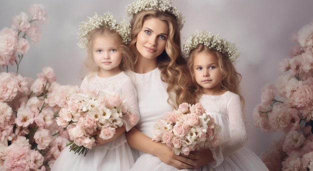 Una madre y dos hijas con flores.