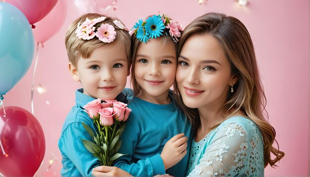 una madre y dos hijos posan con flores y una niña