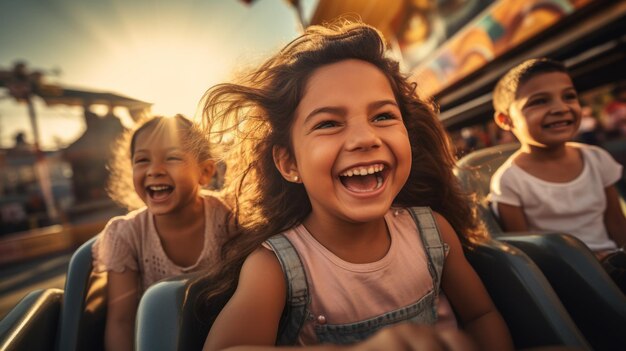 Madre y dos hijos viajan en una montaña rusa en un parque de diversiones o feria estatal Experimentan emoción, felicidad, risas