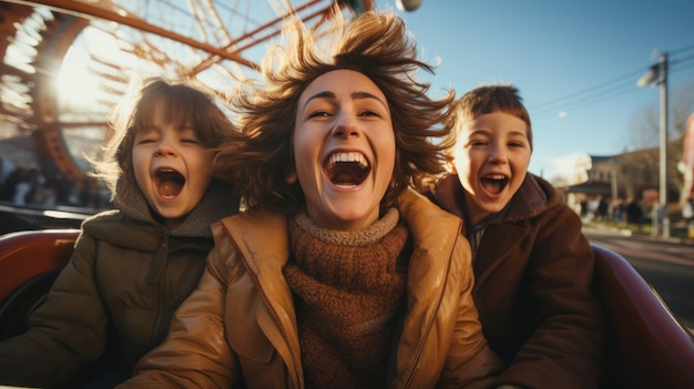 Madre y dos hijos viajan en una montaña rusa en un parque de diversiones o feria estatal Experimentan emoción, felicidad, risas