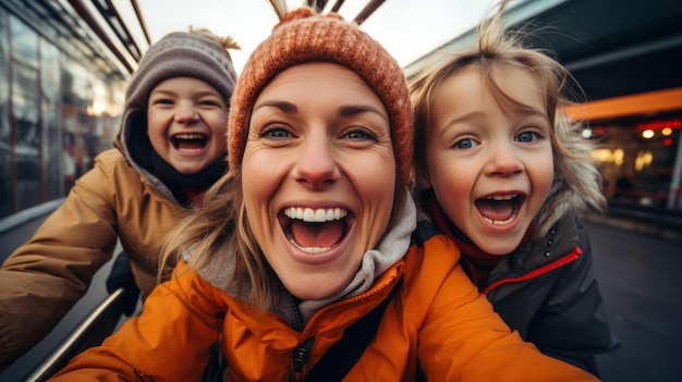 Madre y dos hijos viajan en una montaña rusa en un parque de diversiones o feria estatal Experimentan emoción, felicidad, risas