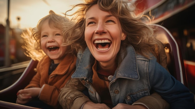 Madre y dos hijos viajan en una montaña rusa en un parque de diversiones o feria estatal Experimentan emoción, felicidad, risas