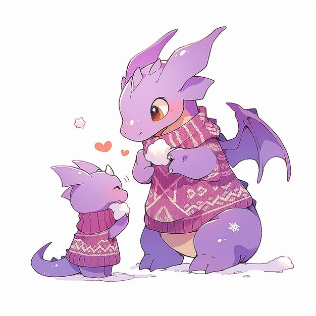Madre dragón con bebé en estilo de dibujos animados sobre fondo blanco