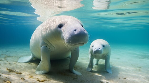 La madre Dugong enseña a nadar al bebé Dugong