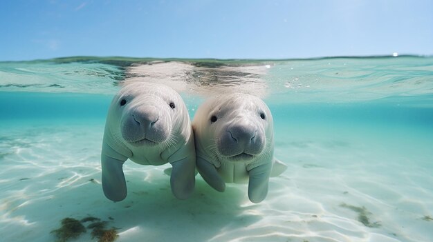 La madre Dugong enseña a nadar al bebé Dugong