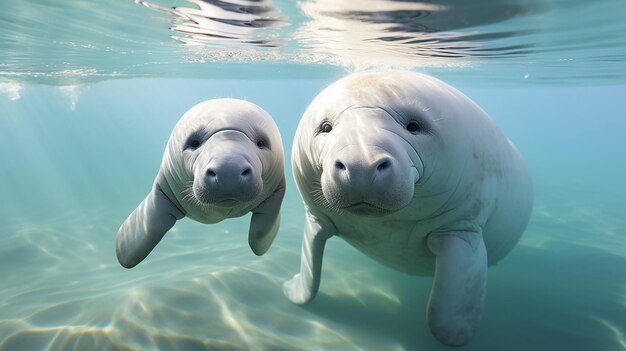 Foto la madre dugong enseña a nadar a su bebé dugong