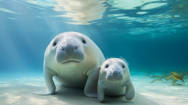 La madre Dugong enseña a nadar a su bebé