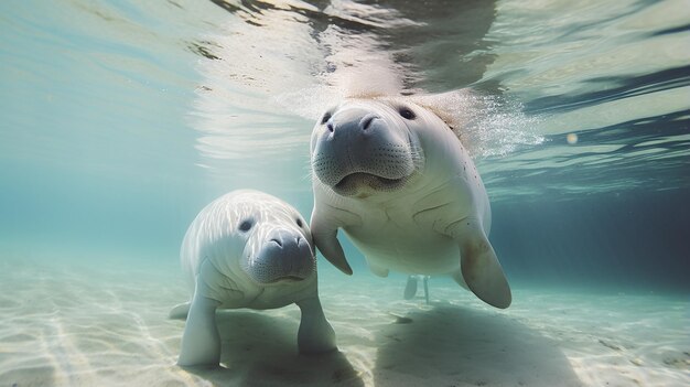 Madre Dugong enseñando a nadar al bebé Dugong