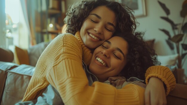 madre e hija abrazadas felizmente sentadas en la sala de estar