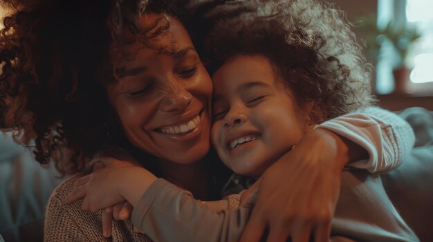 Foto madre e hija se abrazan felizmente sentadas en la sala de estar