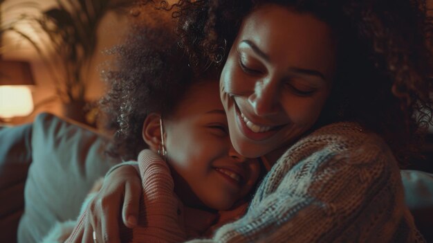 Foto madre e hija se abrazan felizmente sentadas en la sala de estar