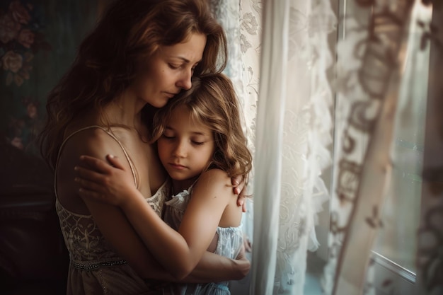 Madre e hija se abrazan frente a una ventana IA generativa